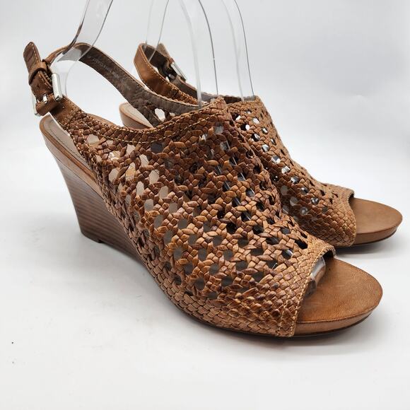 Ecco Open Peep Toe Wedge Sandals EU 40 US 9-9.5 Brown Leather Woven - Picture 1 of 8